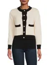 Renee C Women's Contrast Trim Crewneck Cardigan In Ivory