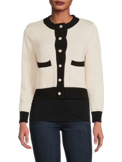 Renee C Women's Contrast Trim Crewneck Cardigan In Ivory