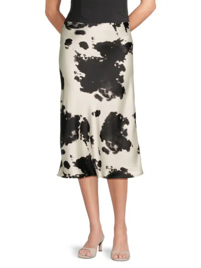 Renee C Women's Cow Print Satin Midi-skirt In Black