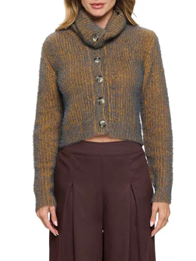 Renee C Women's Cowlneck Cropped Sweater In Charcoal Mustard