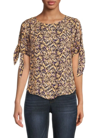 Renee C Women's Ditsy Floral Tie Sleeve Top In Blue Multicolor