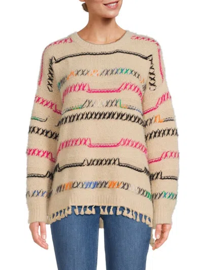 Renee C Women's Drop Shoulder Tassel Sweater In Taupe