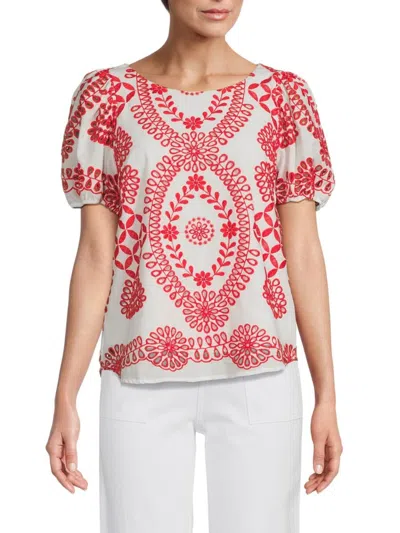 Renee C Women's Embroidered Puff Sleeve Top In Red White