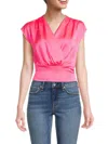 Renee C Women's Faux Wrap Satin Top In Neon Pink