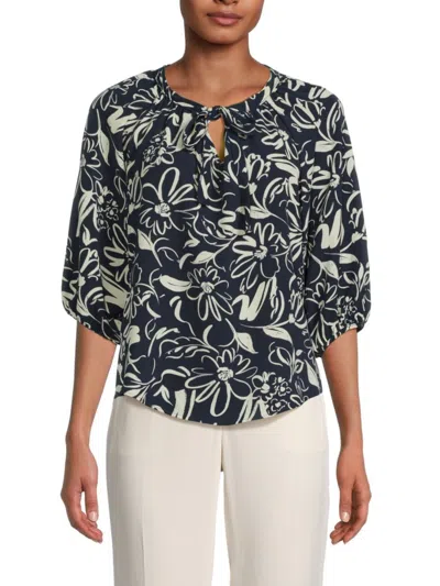 Renee C Women's Floral Blouson Sleeve Top In Navy