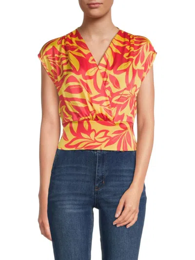 Renee C Women's Floral Faux Wrap Top In Coral Yellow