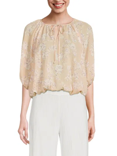 Renee C Women's Floral Keyhole Blouson Top In Taupe