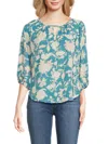 Renee C Floral Keyhole Balloon Sleeve Top In Blue