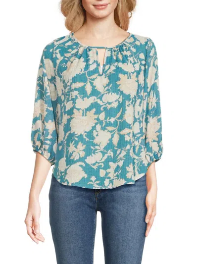 Renee C Women's Floral Keyhole Top In Blue