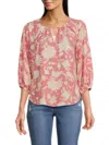 Renee C Floral Keyhole Long Sleeve Top In Pink