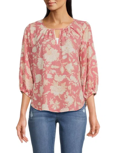Renee C Floral Keyhole Long Sleeve Top In Pink