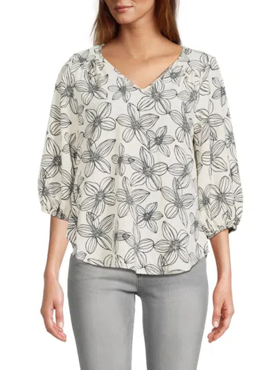 Renee C Women's Floral Print V Neck Top In Ivory Navy