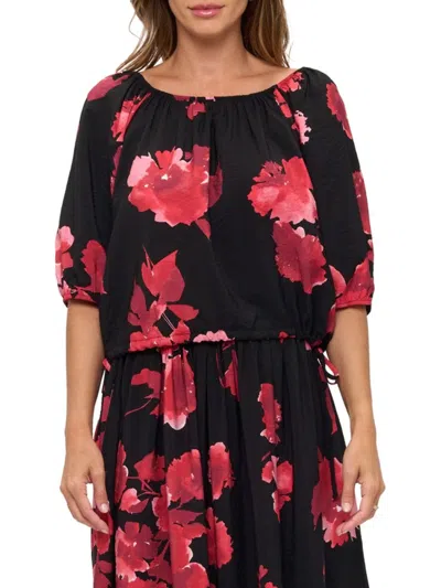 Renee C Women's Floral Printed Woven Boatneck Top In Black