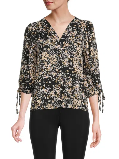 Renee C Women's Floral Puff Sleeve Chiffon Top In Black Brown