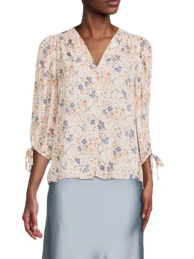 RENEE C WOMEN'S FLORAL PUFF SLEEVE CHIFFON TOP