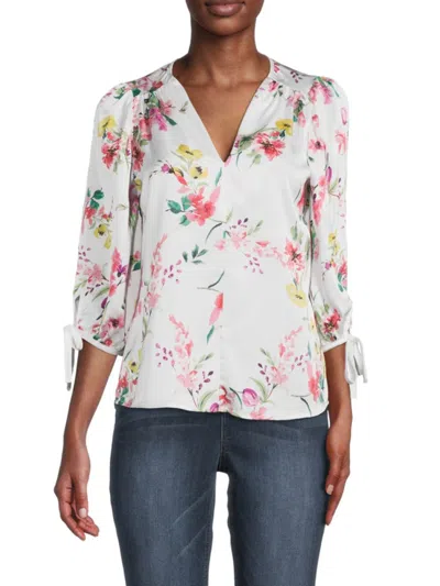 Renee C Women's Floral Puff Sleeve Chiffon Top In Multi White