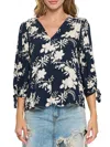 Renee C Women's Floral Puff Sleeve Chiffon Top In Navy White