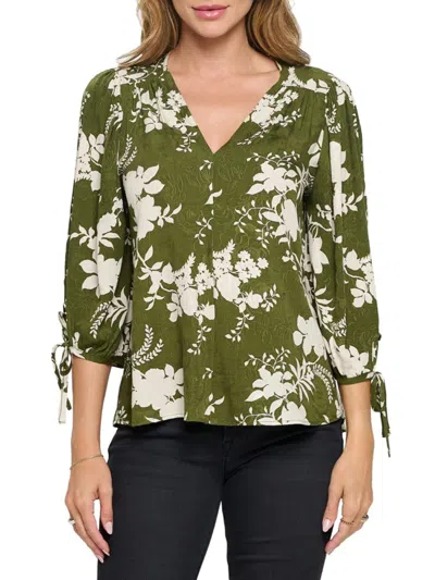 Renee C Women's Floral Puff Sleeve Chiffon Top In Olive