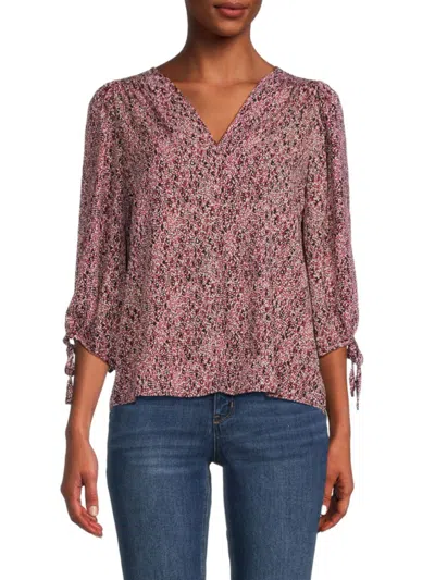 Renee C Women's Floral Puff Sleeve Chiffon Top In Red Pink Multi