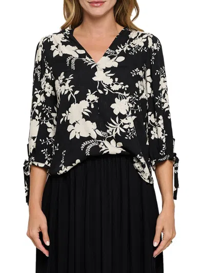 Renee C Women's Floral Puff Sleeve Chiffon Top In White Black