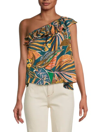 Renee C Women's Floral Ruffle One Shoulder Top In Blue Orange