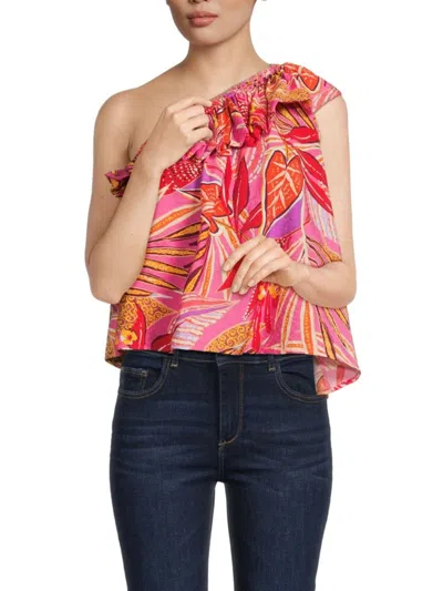 Renee C Women's Floral Ruffle One Shoulder Top In Hot Pink