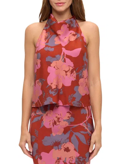 Renee C Women's Floral Satin Halter Top In Red