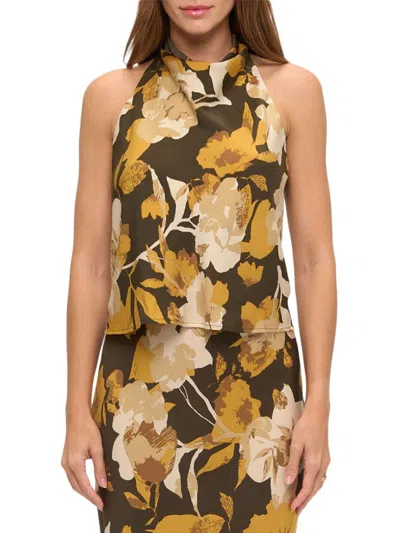 Renee C Women's Floral Satin Halter Top In Yellow