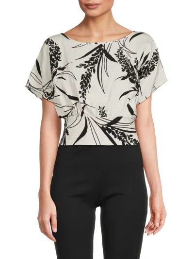 Renee C Women's Floral Smocked Crop Top In White Black