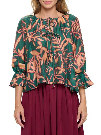 Renee C Women's Floral Tie Front Top In Green