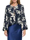 Renee C Floral Long Sleeve Tie Front Crop Top In Navy