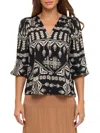 Renee C Women's Ikat Print Woven Three-quarter Sleeve Top In Black