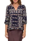 Renee C Women's Ikat Print Woven Three-quarter Sleeve Top In Blue
