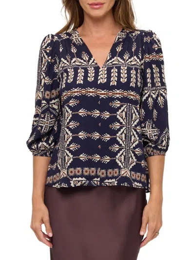 Renee C Women's Ikat Print Woven Three-quarter Sleeve Top In Blue