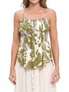 Renee C Leaf Print Smocked Peplum Camisole In Olive Multicolor
