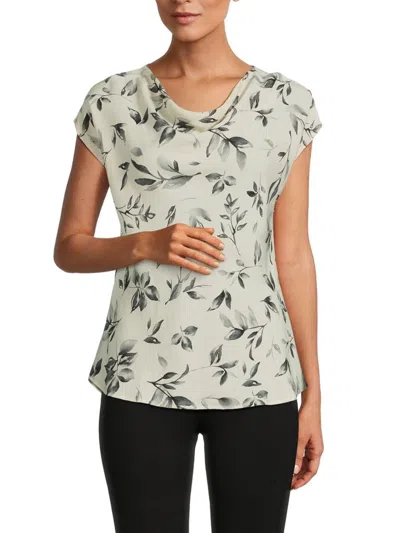 Renee C Women's Leaf Print Cowlneck Linen Blend Top In Black