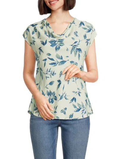 Renee C Women's Leaf Print Cowlneck Linen Blend Top In Denim