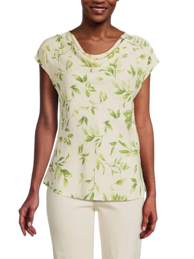 Renee C Women's Leaf Print Cowlneck Linen Blend Top In Green