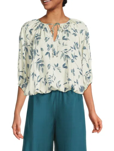 Renee C Women's Leaf Print Linen Blend Blouson Top In Denim Blue