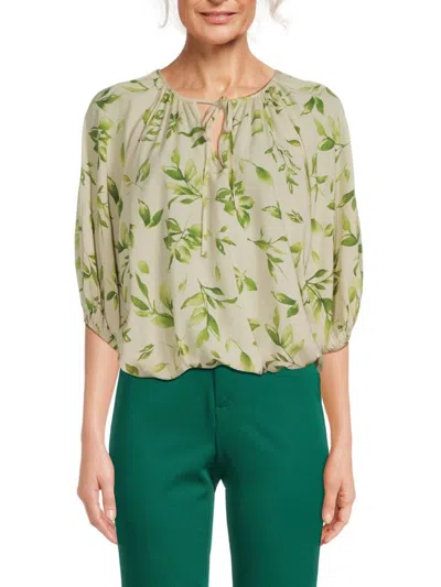 Renee C Women's Leaf Print Linen Blend Blouson Top In Green