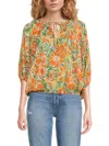 Renee C Women's Leaf Print Linen Blend Blouson Top In Orange