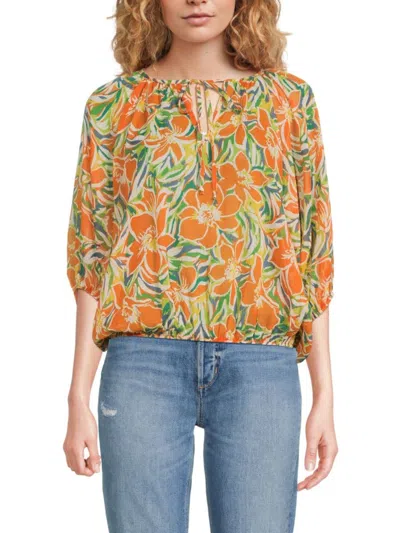 Renee C Women's Leaf Print Linen Blend Blouson Top In Orange