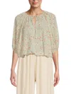 Renee C Women's Leaf Print Linen Blend Blouson Top In Sage