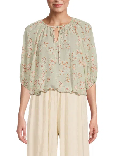 Renee C Women's Leaf Print Linen Blend Blouson Top In Sage