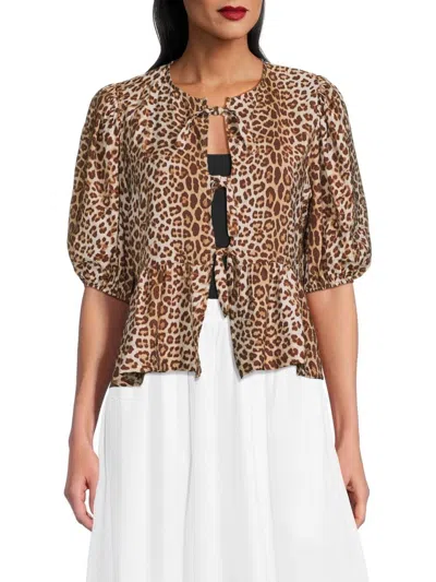 Renee C Women's Leopard Print Tie Front Blouse In Mocha