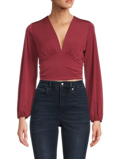 Renee C Women's Long Sleeve Plunge Crop Top In Burgundy