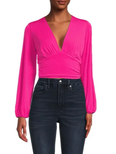 Renee C Women's Ruched Long Sleeve Crop Top In Fuchsia
