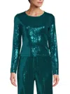 Renee C Women's Long Sleeve Sequin Crop Top In Teal Green