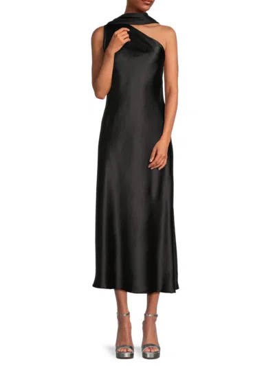 Renee C Women's One Shoulder Scarf Satin Midi Dress In Black