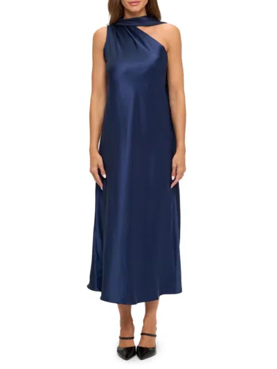 Renee C Women's One Shoulder Scarf Satin Midi Dress In Blue